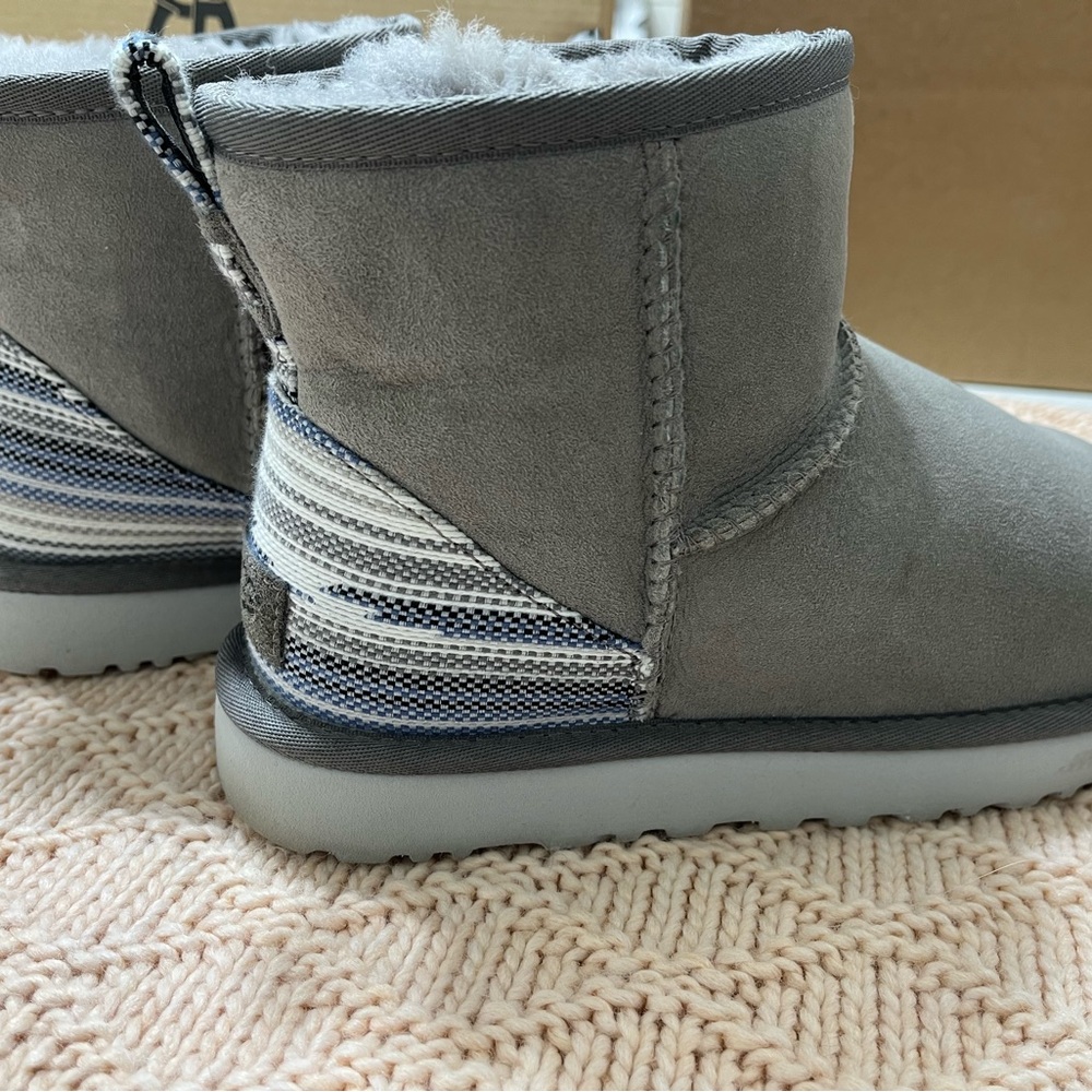 UGG Gray Suede Ankle Boots with Patterned Accent